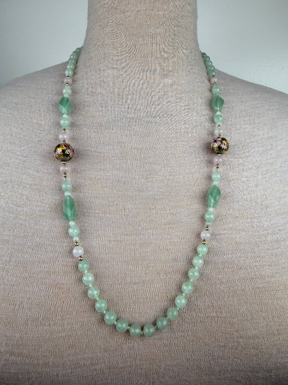 Vintage Rose Quartz & Aventurine Necklace Cloisonné Gold Tone Beads 31"